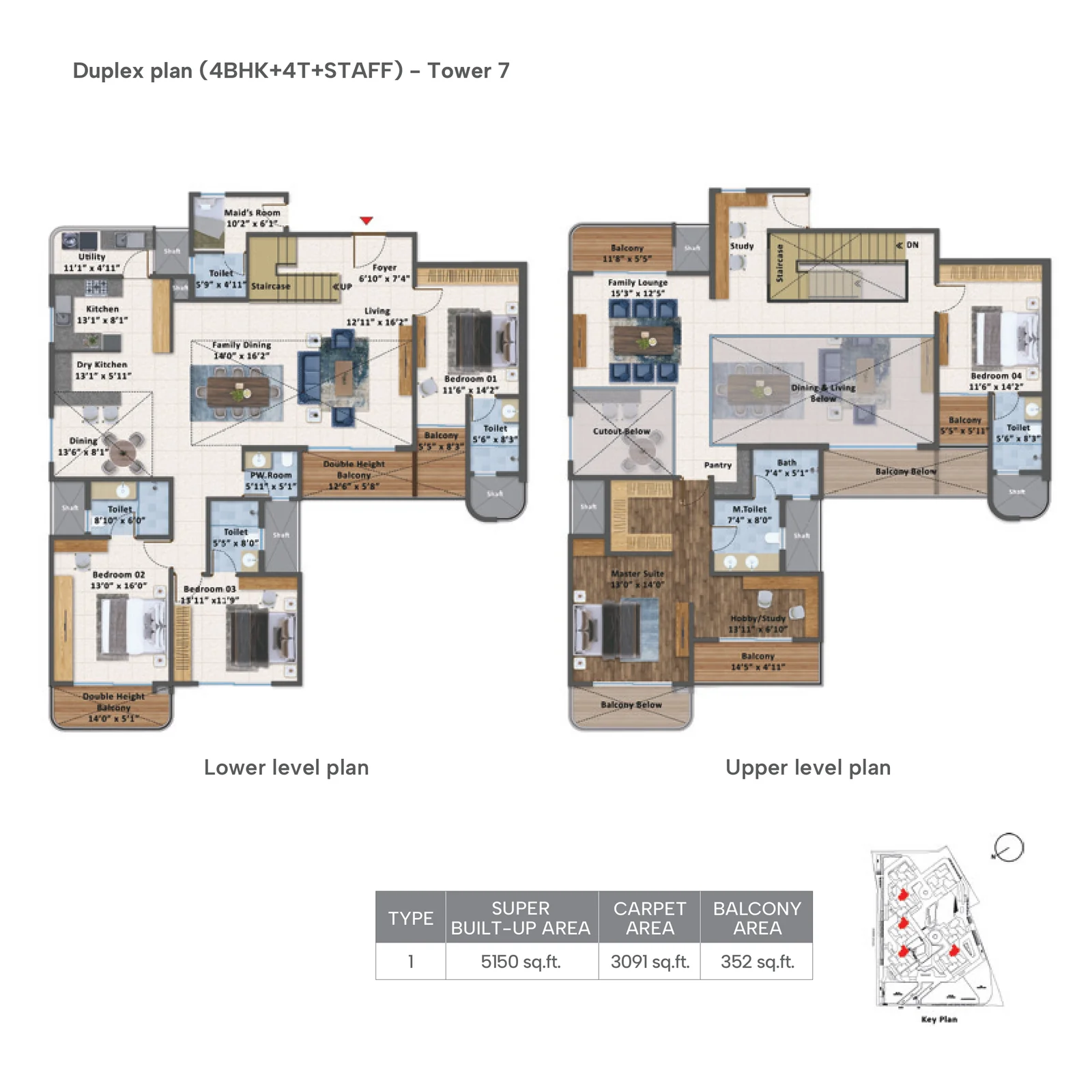 Sattva Aangane duplex floor plan of 5,150 sq ft with 3,091 sq ft carpet area in Tower 7, Old Madras Road, Bangalore
