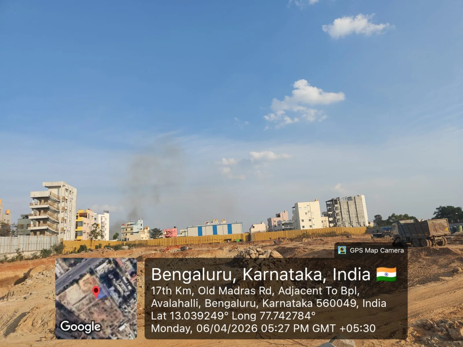 Sattva Aangane construction status on 6 April 2026 showing excavation and earthwork at the Old Madras Road site, Avalahalli, Bengaluru